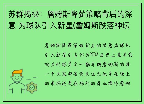 苏群揭秘：詹姆斯降薪策略背后的深意 为球队引入新星(詹姆斯跌落神坛)